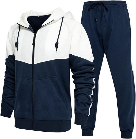 Mens Tracksuit Sweatshirt and Joggers Color Block Sweatsuit 2 Pcs Sports Set